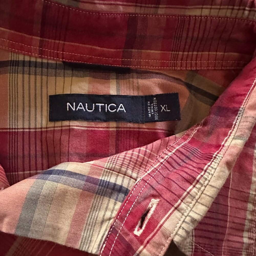 Nautica red and brown plaid short sleeve button up shirt size XL - Picture 3 of 7